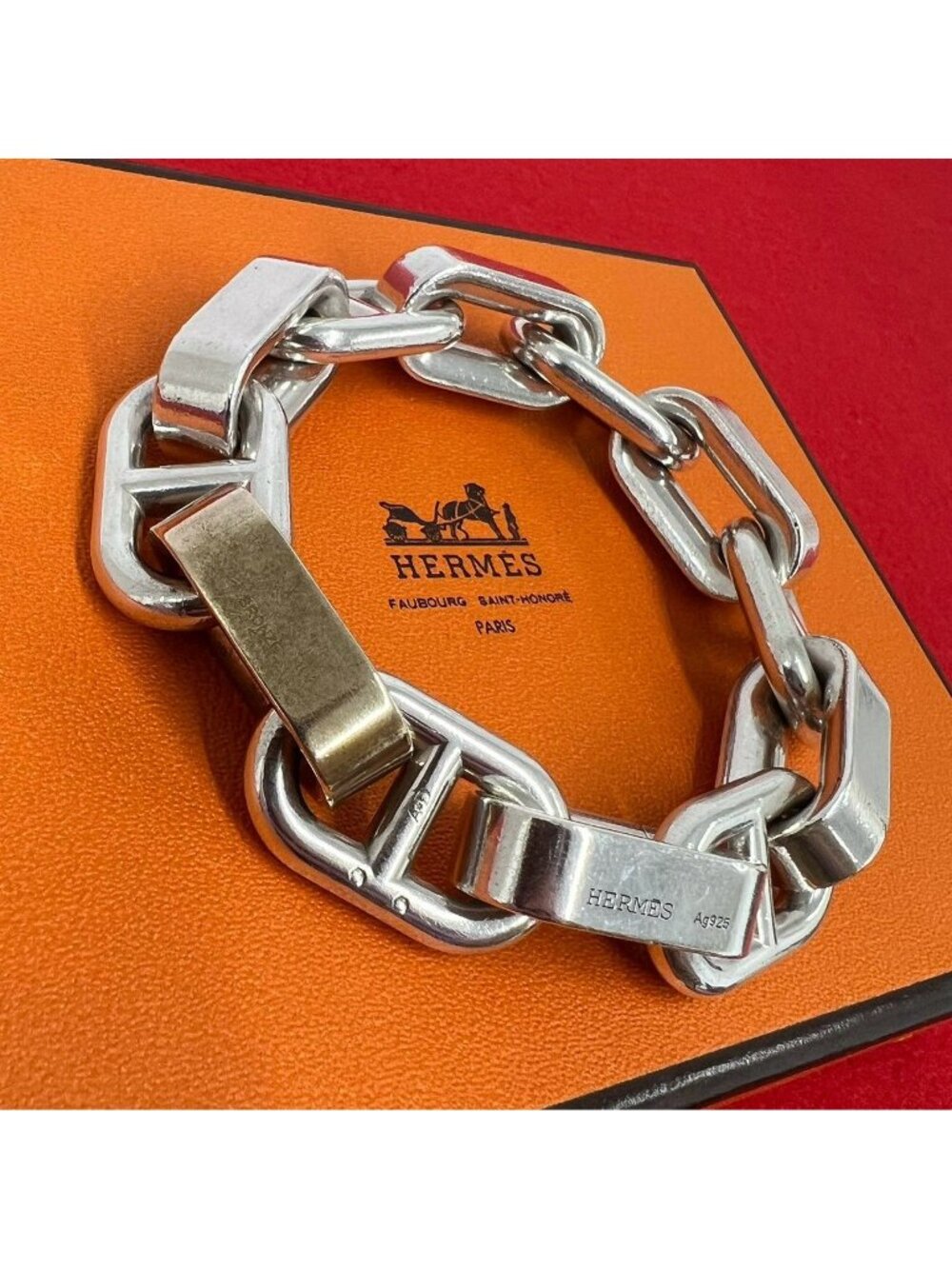 Hermes Chaine D'ancre Blanc Summix Bracelet 925 Sterling Silver Brown